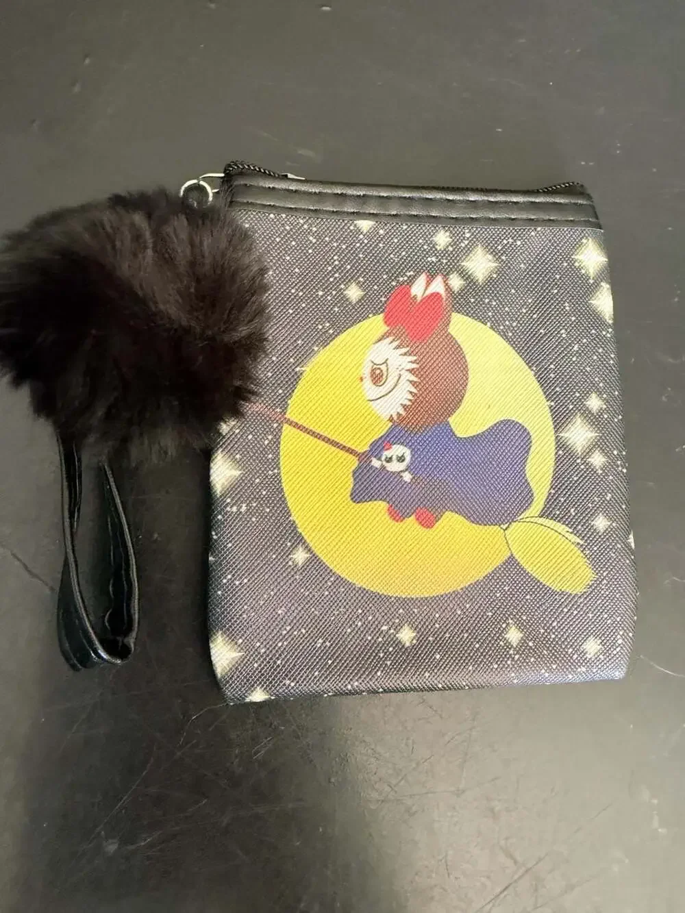Chibi Witch Moon Zippered Pouch Wristlet with Black Pom Pom